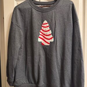 Festive Gray Sweater with Christmas Tree Design